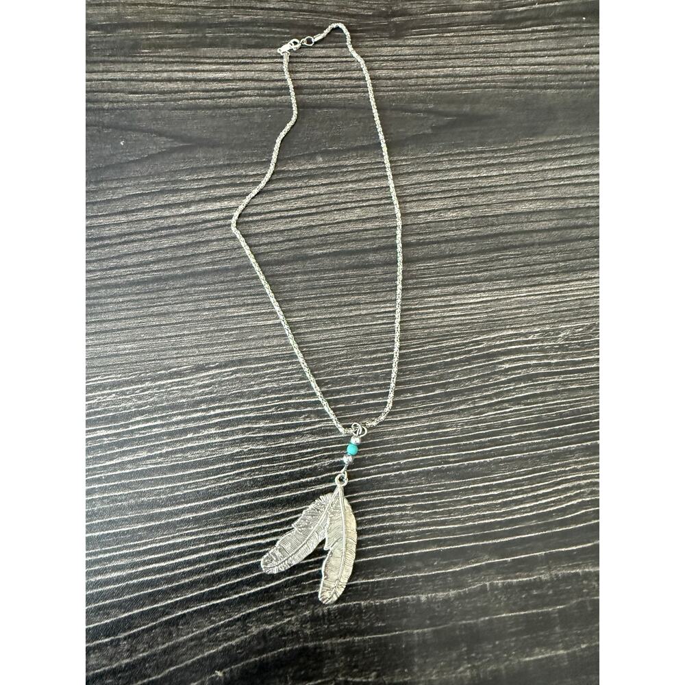 Double Feather Silver Delicate Drop Necklace